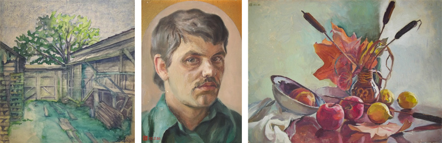 Дворик. Гороховец. 1954 г. Б., акв.       Автопортрет. 1980 г. К., м.     Осенний натюрморт. 1980 г. К., м.